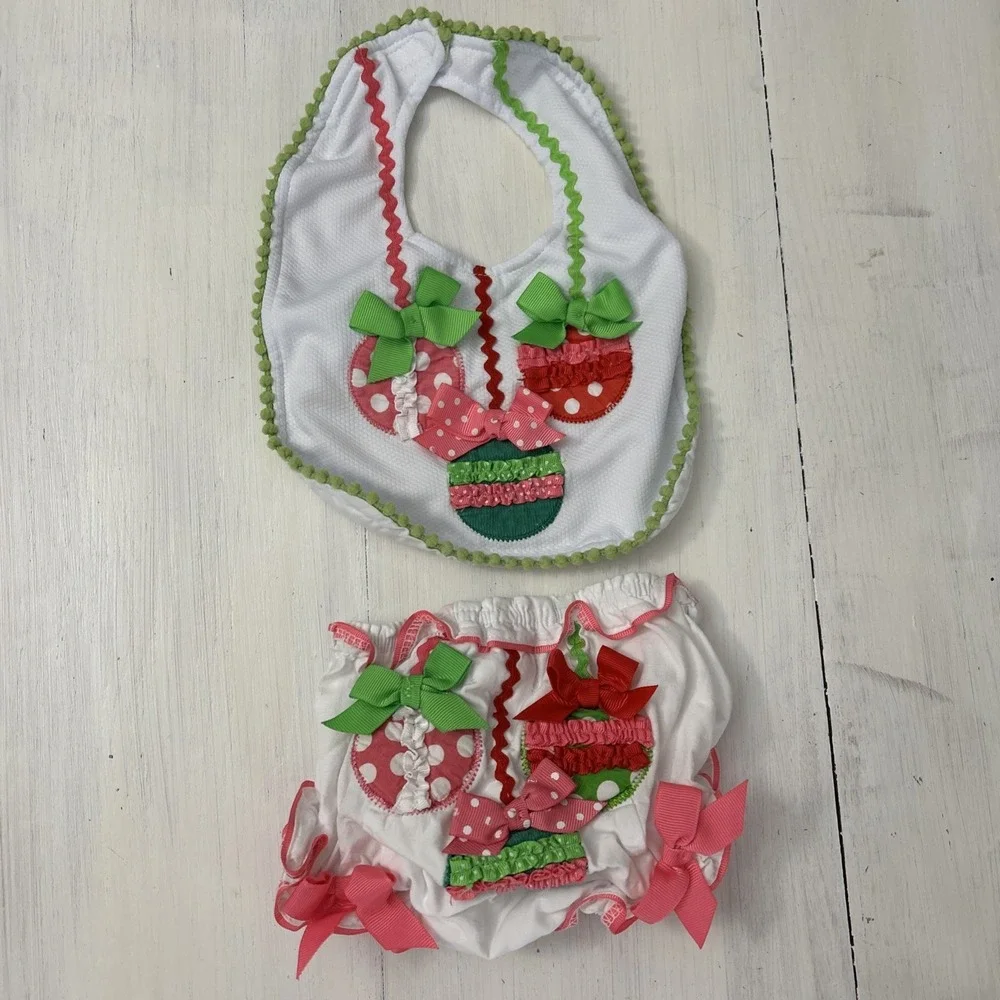 Christmas Set 0-6 Mo Baby Girl Green/Pink/White Bib‎ Bloomers B137